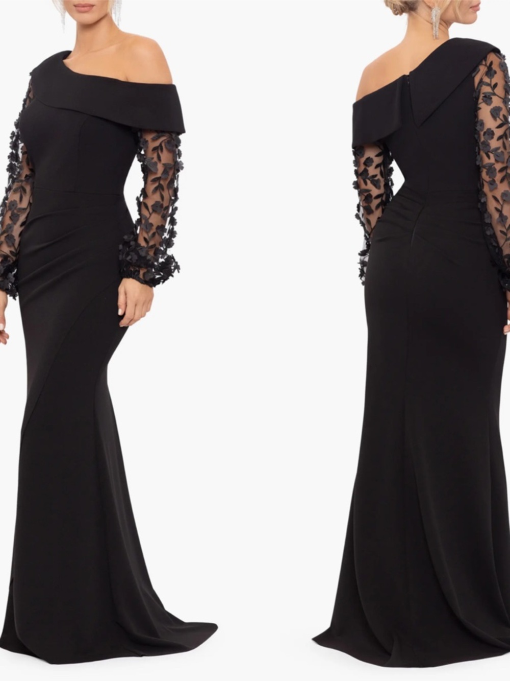 NEW XSCAPE Plus Size BLACK Off The Shoulder 3D FLORAL SLEEVE Evening GOWN 16W